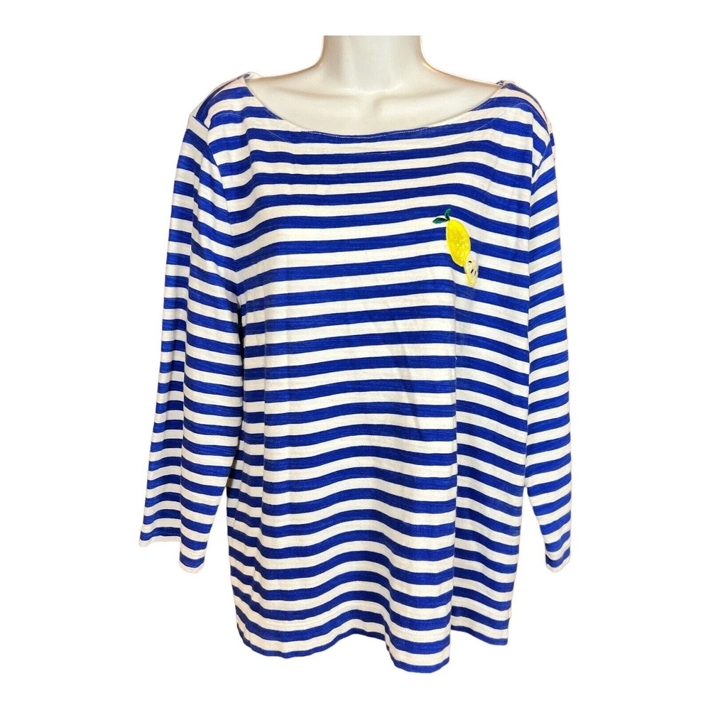 Loft Large Cotton Long-Sleeve Blue White Top with Lemon design Womens
